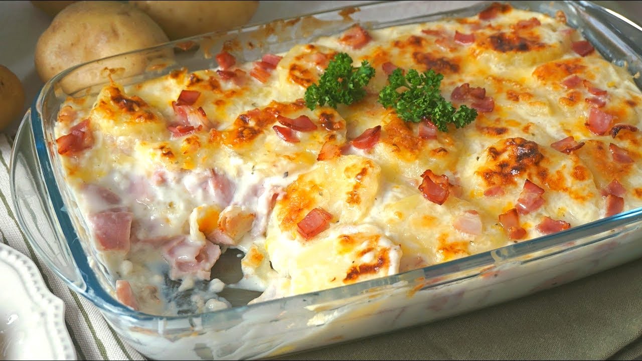 patatas con bechamel y bacon al horno