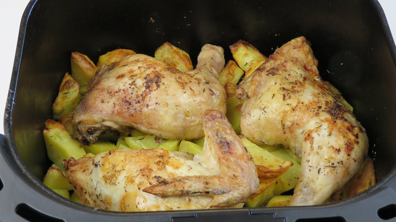 pollo asado con patatas en freidora de aire