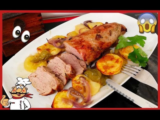solomillo de cerdo al horno con patatas y cebolla caramelizada
